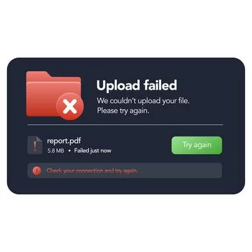 File upload error UI message with retry button vector illustration Illustrazione stock