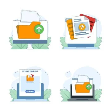 File upload icon illustration set featuring office document transfer concept Stock Illustration