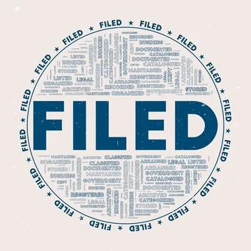 Filed - round badge. Text filed with keywords word clouds and circular text.. Ilustração Stock