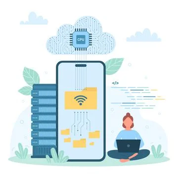 Files and document download and management, tiny person connecting phone, cloud Stock Illustration