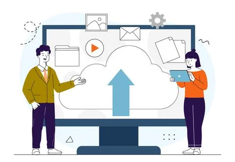 Files in cloud storage. Man and woman near computer with files and documents Stock Illustration