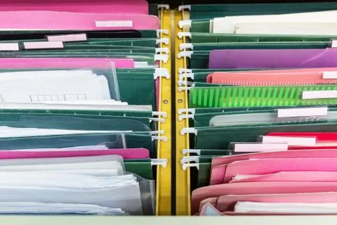 Files document of hanging file folders in a drawer in a whole pile Stock Photos