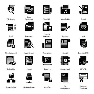 Files Folders and Certificates Solid Icons Pack Stock Illustration