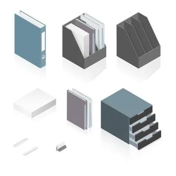 Files, folders, paper stack, storage boxes and a detailed isometric set Stock Illustration