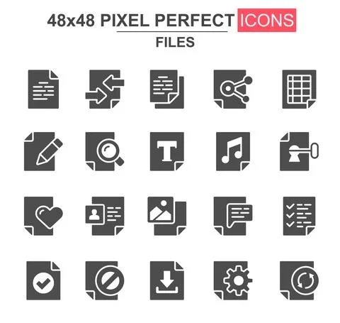 Files glyph icon set. Document lock, edit, delete, processing, search, prefer Stockillustratie