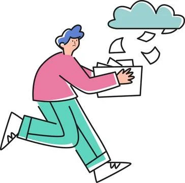 Files rain from clouds, people try to catch falling papers using boxes illus Illustrazione stock
