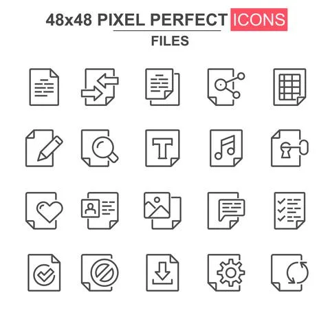 Files thin line icon set. Document lock, edit, delete, processing, search, pr Stock Illustration