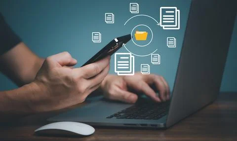 Files Transfer technology. User using Mobile Phone  connection Stock Photos