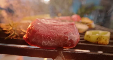 Filet mignon falling on grill Stock Footage 311831680