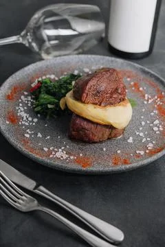 Filet mignon with mashed potatoes in a restaurant Stock Photos