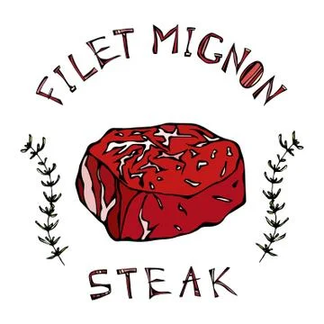 Filet-Mignon Steak Beef Cut with Lettering in s Thyme Herb Frame. Meat Guide  Stock Illustration