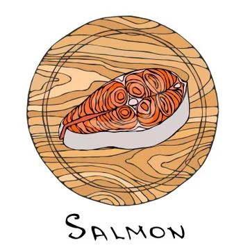Filet of Raw Salmon Fish on Round Cutting Board. Fish Cut Slice For Cooking,  Stock Illustration