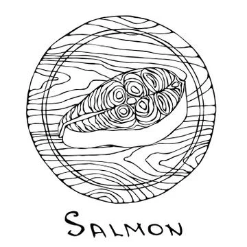 Filet of Raw Salmon Fish on Round Cutting Board. Fish Cut Slice For Cooking,  Stock Illustration