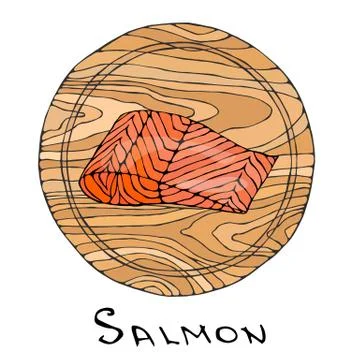 Filet of Raw Salmon Fish on Round Cutting Board. Fish Cut Slice For Cooking,  Stock Illustration