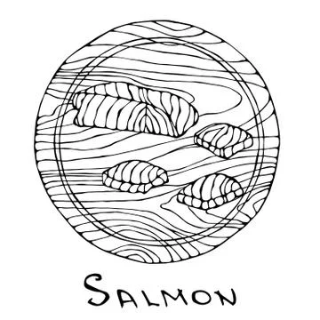 Filet of Raw Salmon Fish on Round Cutting Board. Fish Cut Slice For Cooking,  Stock Illustration