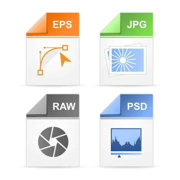 Filetype format icons - psd, raw, jpg, eps Stock Illustration