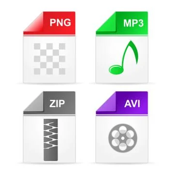 Filetype format icons - zip, png, mp3, avi Stock Illustration
