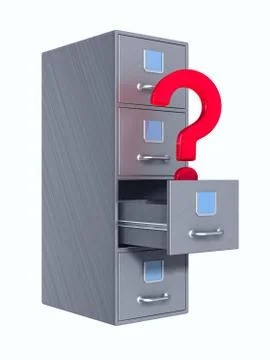 Filing cabinet and question on white background. Isolated 3D illustration Illustrazione stock