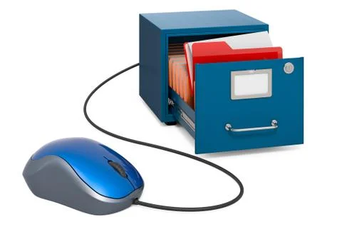 Filing cabinet with computer mouse. Online search in archive concept. 3D rend Stock Illustration