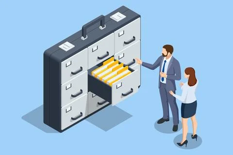 Filing cabinet with four drawer. Isometric file storage, data archive storage Stock Illustration