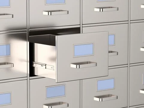 Filing cabinet with open drawer. 3D illustration Stockillustratie