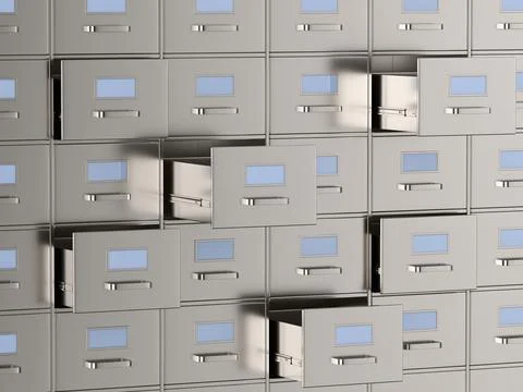 Filing cabinet with open drawer. 3D illustration Stock Illustration