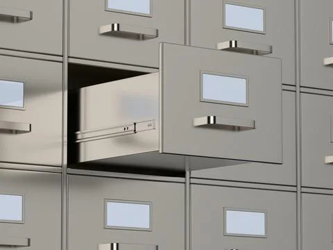 Filing cabinet with open drawer. 3D illustration Stock-Illustration