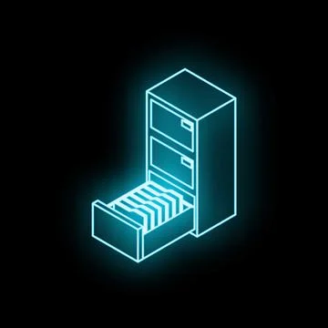 Filing cabinet with open drawer glowing in neon light on dark background Illustrazione stock