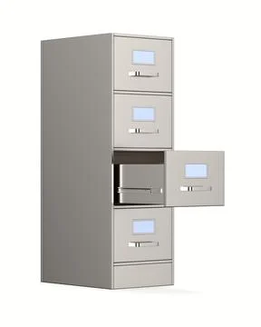 Filing cabinet with open drawer on white background. Isolated 3D illustration Stock Illustration