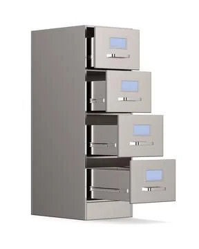 Filing cabinet with open drawer on white background. Isolated 3D illustration Stock Illustration