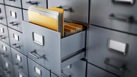 Filing cabinet with a single yellow folder in an open drawer. 3D illustration イラスト素材