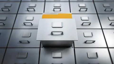 Filing cabinet with a single yellow folder in an open drawer. 3D illustration Stock Illustration