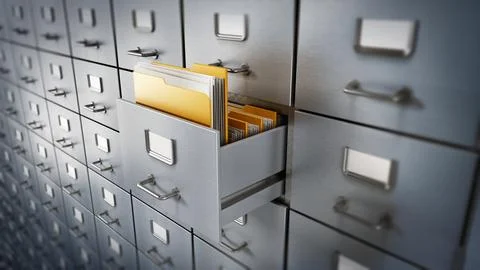 Filing cabinet with a single yellow folder in an open drawer. 3D illustration Stock Illustration