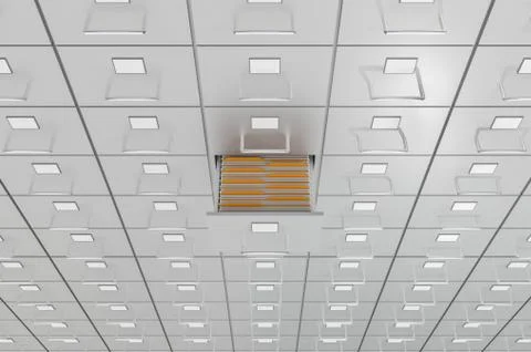 Filing cabinets with open drawer - data collection concept. 3D rendered illus Illustrazione stock
