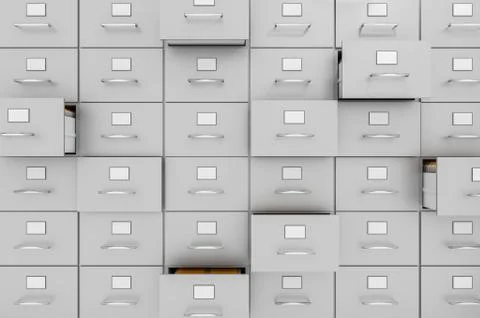 Filing cabinets with open drawers - data collection concept. 3D rendered illu イラスト素材