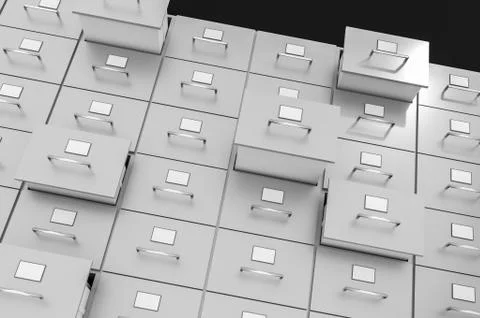 Filing cabinets with open drawers - data collection concept. 3D rendered illu Illustrazione stock