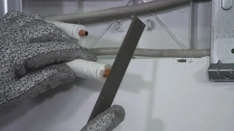 Filing of copper pipe burrs Stock Footage 148734424