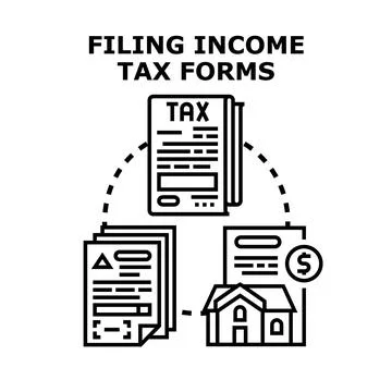 Filing income tax forms documents reporting finances Illustrazione stock