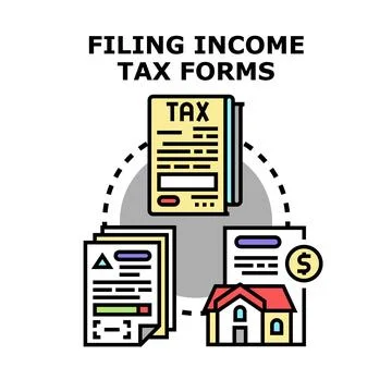 Filing income tax forms documents reporting finances Stock Illustration