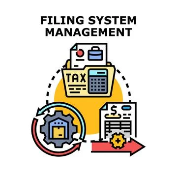Filing system management organizing documents information data Stock Illustration
