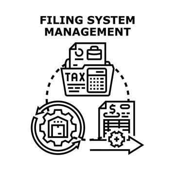 Filing system management organizing documents information data Stock Illustration