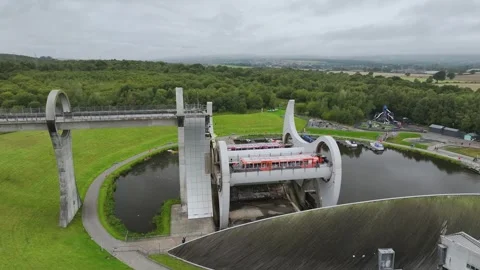 Filkirk Wheel from a drone, Forth and Clyde Canal, Falkirk, Scotland, UK Stock Footage 317105065