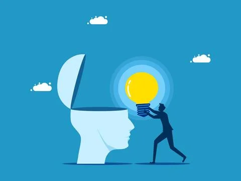 Fill brain with knowledge. man giving a light bulb to the brain Stock Illustration