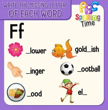 Fill the missing letter of each word worksheet for children Stock Illustration