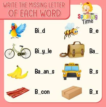 Fill the missing letter of each word worksheet for children Stock Illustration
