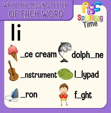 Fill the missing letter of each word worksheet for children Stock Illustration