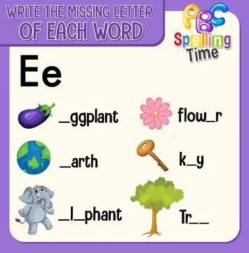 Fill the missing letter of each word worksheet for children Stock Illustration
