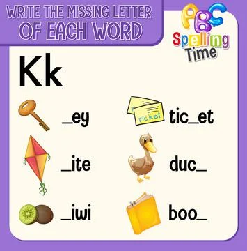 Fill the missing letter of each word worksheet for children Stock Illustration