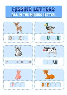 Fill the missing letter of each word worksheet for children Stock Illustration
