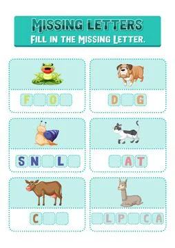 Fill the missing letter of each word worksheet for children Stock Illustration